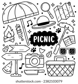 Hand drawn doodle set of picnic and camping elements. Vector illustration