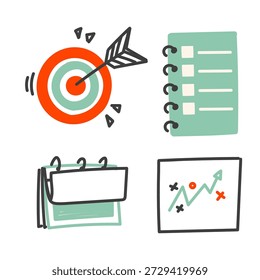 desenho à mão doodle definir plano, lista de tarefas, calendário, ilustração de objetivo de dartboard