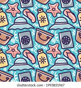 Hand drawn doodle set playing summer on the beach with icons and design elements