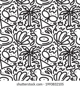 Juego de doodles dibujado a mano que juegan el verano en la playa con iconos y elementos de diseño