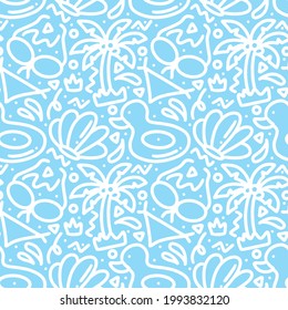 Juego de doodles dibujado a mano que juegan el verano en la playa con iconos y elementos de diseño