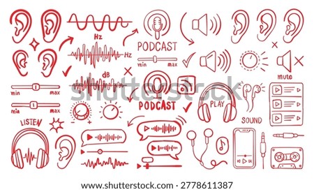 Hand drawn doodle set of podcast, audio, and sound related icons, including headphones, microphones, and volume controls