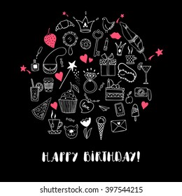 Hand drawn doodle set with presents for girl. Modern princess icons. Happy birthday card template. Isolated vector objects.
