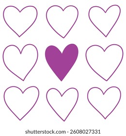 Hand drawn doodle set of purple hearts isolated on white background. Vector illustration.