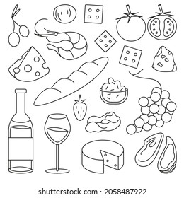 Un conjunto de doodles dibujados a mano de vino tinto y bocadillos. Botella de vino tinto, aceitunas, camembert, queso, fresa, uva, ostra, gambas, galletas, baguette, tomate, prosciutto