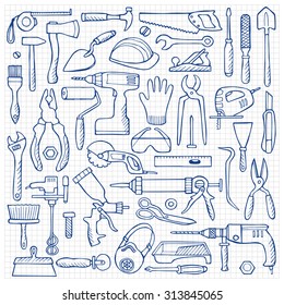 Hand drawn doodle set with repair tools on squared paper. Vector illustration for backgrounds, web design, design elements, textile prints, covers 