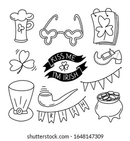 Hand drawn doodle set Saint Patrick's Day traditional symbols. Beer mugs, clover, ribbon, glasses, kiss me, leprechaun hat, pot of gold coins vector illustration isolated. Wrapping, textile, wallpaper