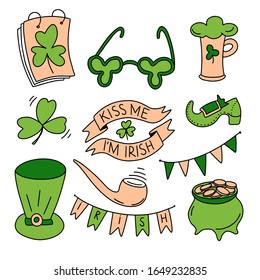 Hand drawn doodle set Saint Patrick's Day color symbols. Beer mugs, clover, ribbon, glasses, kiss me, leprechaun hat, pot of gold coins vector illustration isolated. Wrapping, textile, wallpaper