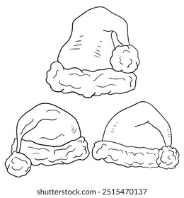 Conjunto de garabatos dibujados a mano de sombreros de Santa Claus aislados sobre fondo blanco. Navidades y concepto de Año Nuevo. Ilustración vectorial.