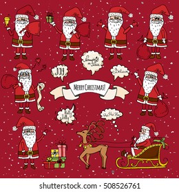 Hand drawn doodle set of Santa Claus icon. Vector illustration. Cartoon red hat Happy new year Santa Claus symbol Sketchy funny Merry Christmas element Traditional december holiday present decoration.