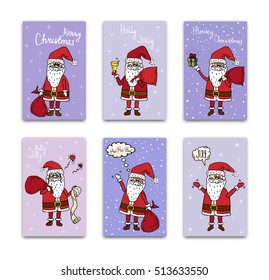 Hand drawn doodle set of Santa Claus icon. Vector illustration. Cartoon red hat Happy new year Santa Claus symbol Sketchy funny Merry Christmas element Traditional december holiday present decoration.