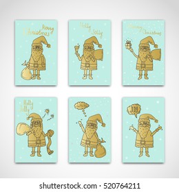 Hand drawn doodle set of Santa Claus icon. Vector illustration. Cartoon golden Happy new year Santa Claus symbol Sketchy funny Merry Christmas element Traditional december holiday present decoration.