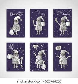Hand drawn doodle set of Santa Claus icon. Vector illustration. Cartoon silver Happy new year Santa Claus symbol Sketchy funny Merry Christmas element Traditional december holiday present decoration.