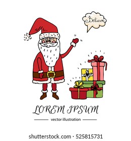 Hand drawn doodle set of Santa Claus icon. Vector illustration. Cartoon red hat Happy new year Santa Claus symbol Sketchy funny Merry Christmas element Traditional december holiday present decoration.
