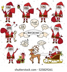 Hand drawn doodle set of Santa Claus icon. Vector illustration. Cartoon red hat Happy new year Santa Claus symbol Sketchy funny Merry Christmas element Traditional december holiday present decoration.