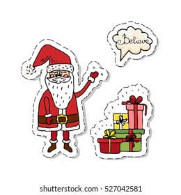 Hand drawn doodle set of Santa Claus icon. Vector illustration. Cartoon red hat Happy new year Santa Claus symbol Sketchy funny Merry Christmas element Traditional december holiday present decoration.