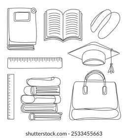 Hand drawn doodle set of school teen elements. Back to school. Writing supplies, copybook, notebook, sticky notes, backpack back to school.