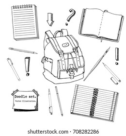 Hand drawn doodle set of school teen elements. Back to school. Writing supplies,copybook, notebook, sticky notes, backpack in cartoon style. stationary. Design for print. Pattern. Vector illustration.