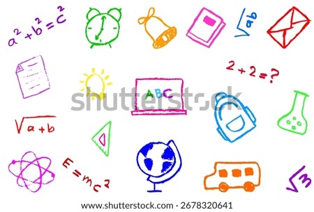 Hand drawn doodle set of school supplies in kids style with crayon, or chalk texture, books, school bus, bell, clock, chemistry flask, laptop, globe, paper sheet, lamp, backpack, ruler, math formulas