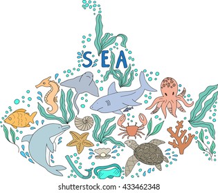Hand drawn doodle set of sea life. drawn in the shape of a submarine. No background
