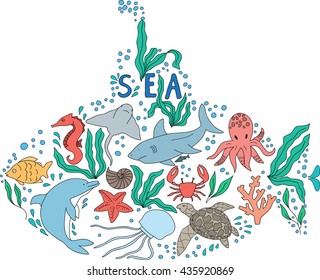 Hand drawn doodle set of sea life. drawn in the shape of a submarine.