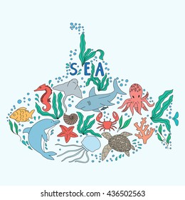 Hand drawn doodle set of sea life. drawn in the shape of a submarine.