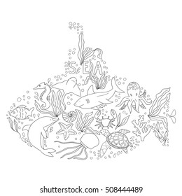Hand drawn doodle set of sea life. drawn in the shape of a submarine. Can be used for page for antistress coloring