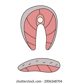 hand drawn doodle set of seafood art design elements. Salmon steak and fillet. Isolated vector illustration on white background 