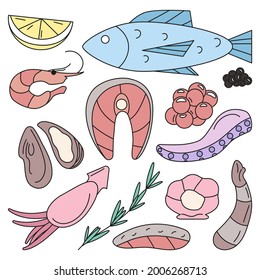 hand drawn doodle set of seafood art design elements including salmon fish, salmon steak and fillet, shrimp, oyster, squid, octopus tentacle, red and black caviar, lemon, isolated vector illustration
