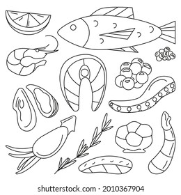 hand drawn doodle set of seafood art design elements including salmon fish, salmon steak and fillet, shrimp, oyster, squid, octopus tentacle, red and black caviar. isolated vector outline illustration