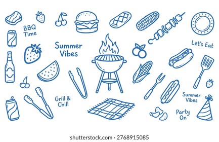 Hand drawn doodle set showcasing barbecue essentials like burgers, hot dogs, corn, fruit, and cooking tools for a fun outdoor summer picnic.