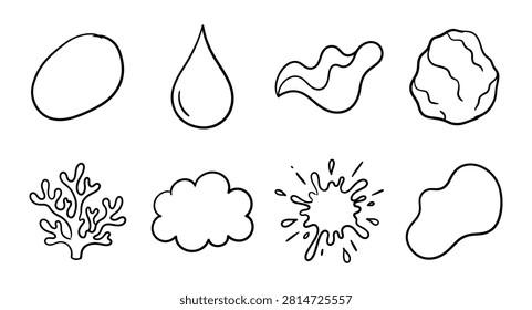 Hand drawn doodle set showing various natural elements including a water drop, cloud, coral, rock, and splash