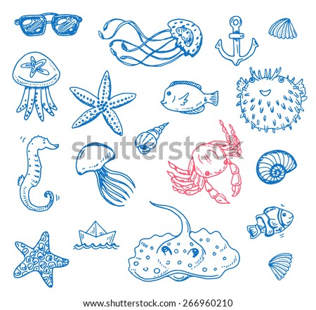 Hand Drawn Doodle Set Sketch Sea Stock Vector (Royalty Free) 266960210 ...