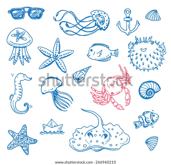 Hand Drawn Doodle Set Sketch Sea Stock Vector (Royalty Free) 266960210 ...