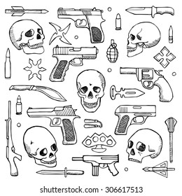 Hand drawn doodle set with skulls and guns. Vector illustration for backgrounds, textile prints, web and graphic design