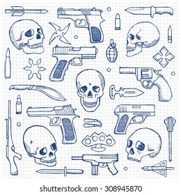 Hand drawn doodle set with skulls and guns. Vector illustration for backgrounds, textile prints, web and graphic design