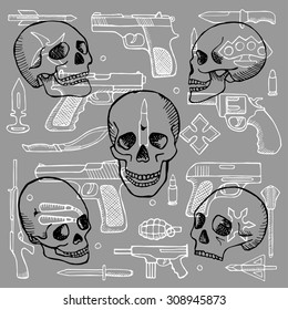 Hand drawn doodle set with skulls and guns. Vector illustration for backgrounds, textile prints, web and graphic design