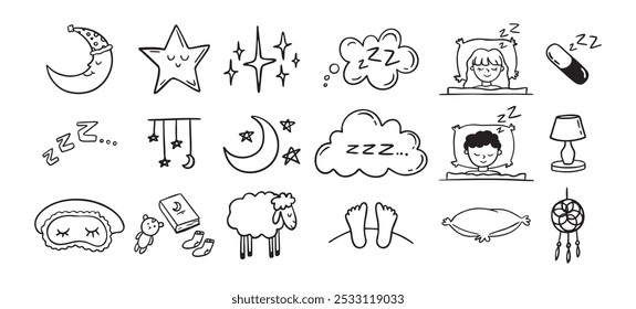 Hand drawn doodle Set of Sleep Related. Sleeping drawing icons. Vector illustration