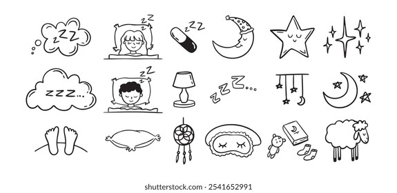 Hand drawn doodle Set of Sleep Related. Sleeping drawing icons. Vector illustration