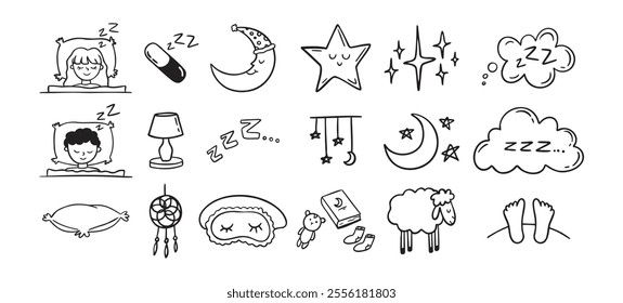 Hand drawn doodle Set of Sleep Related. Sleeping drawing icons. Vector illustration