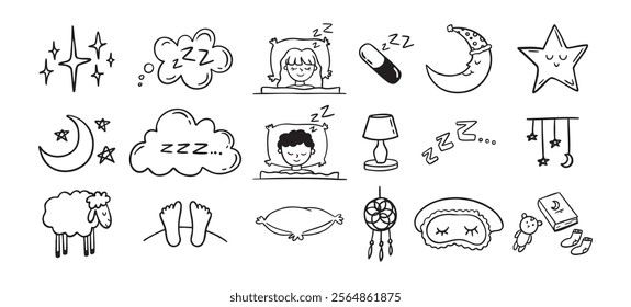 Hand drawn doodle Set of Sleep Related. Sleeping drawing icons. Vector illustration