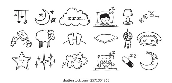 Hand drawn doodle Set of Sleep Related. Sleeping drawing icons. Vector illustration