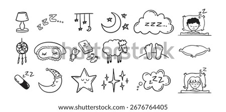 Hand drawn doodle Set of Sleep Related. Sleeping drawing icons. Vector illustration