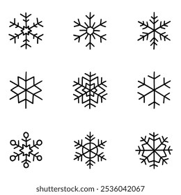 Conjunto de copos de nieve dibujados a mano aislados sobre fondo blanco. Ilustración vectorial.