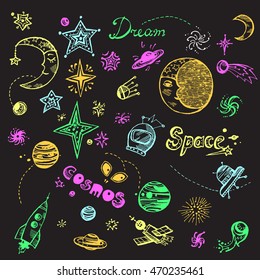 Hand drawn doodle set with space elements