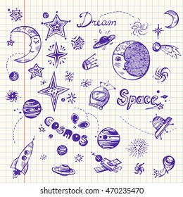Hand drawn doodle set with space elements: stars, planets, night, moon, rocket, ufo, satellite, spaceship, space station. 