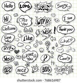 Hand drawn doodle set of speech bubbles with words