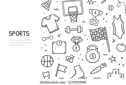 Hand drawn doodle set of Sports theme items. Horizontal banner template. Vector illustration.