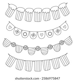 Hand drawn doodle set of St. Patrick’s Day garlands with black outlines. Includes banners with beer mugs, shamrocks, and festive decorations. Perfect for coloring pages, crafts, and DIY projects