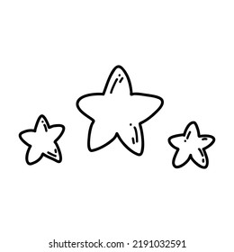 Hand drawn doodle set of stars icon. Vector sketch illustration of black outline celestial body, starfish for print, coloring page, kids design, logo